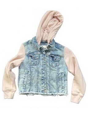 Abercrombie Kids Denim Jacket with Pink Hoodie Sleeves and Hood Size 7/8
